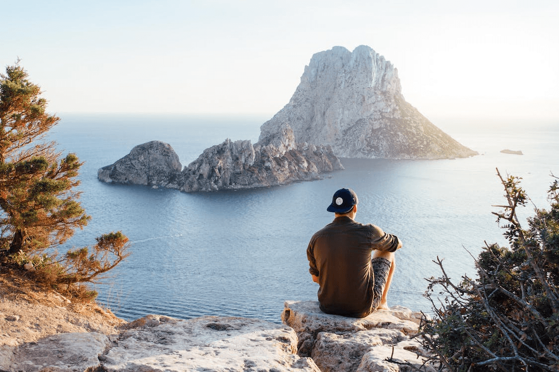 Rear view of man sitting on a rock by the sea