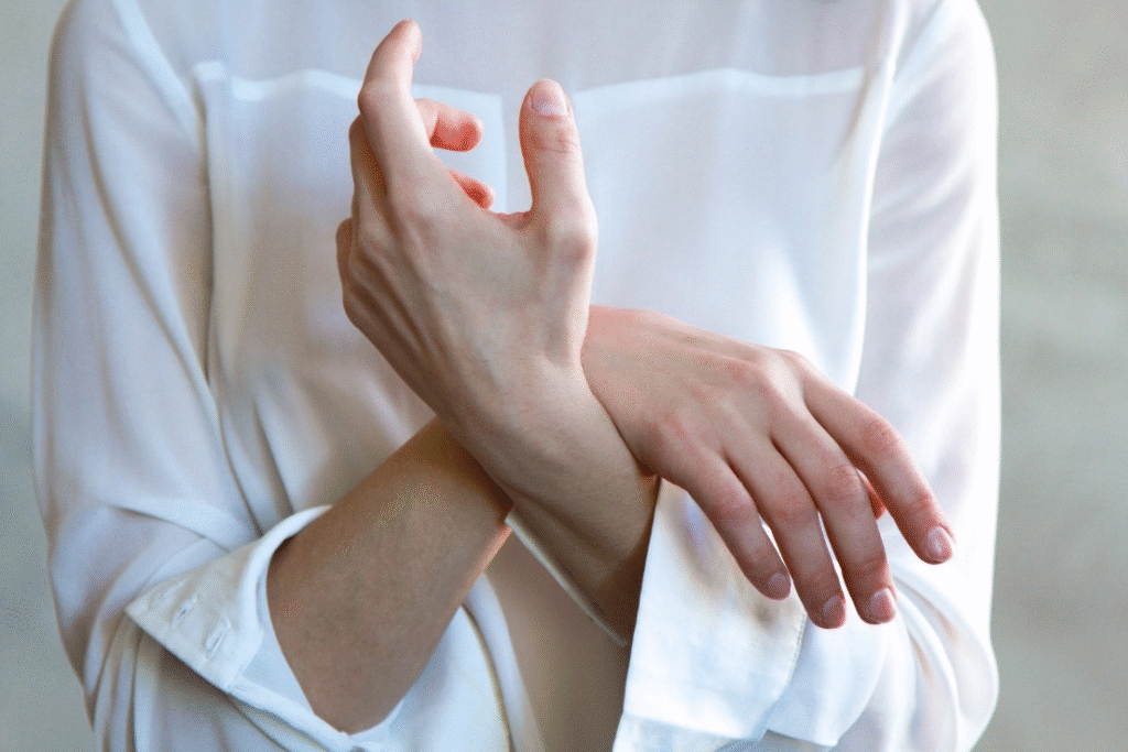 Closeup of a woman in long white sleeves