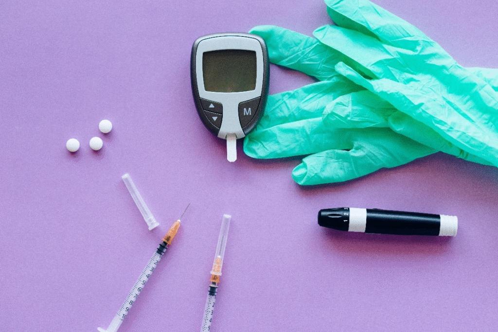Medical supplies on a purple background